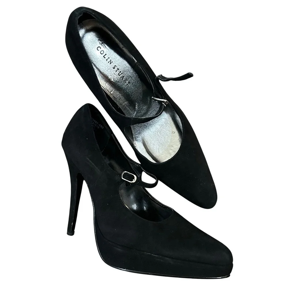 Colin Stuart Black Suede Mary Jane‎ Platform Pumps Leather Stiletto Heels 8.5